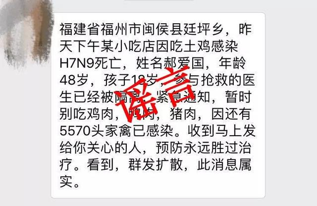 辟谣｜网传“闽侯县廷坪乡有人感染H7N9……”系谣言，千万别信！